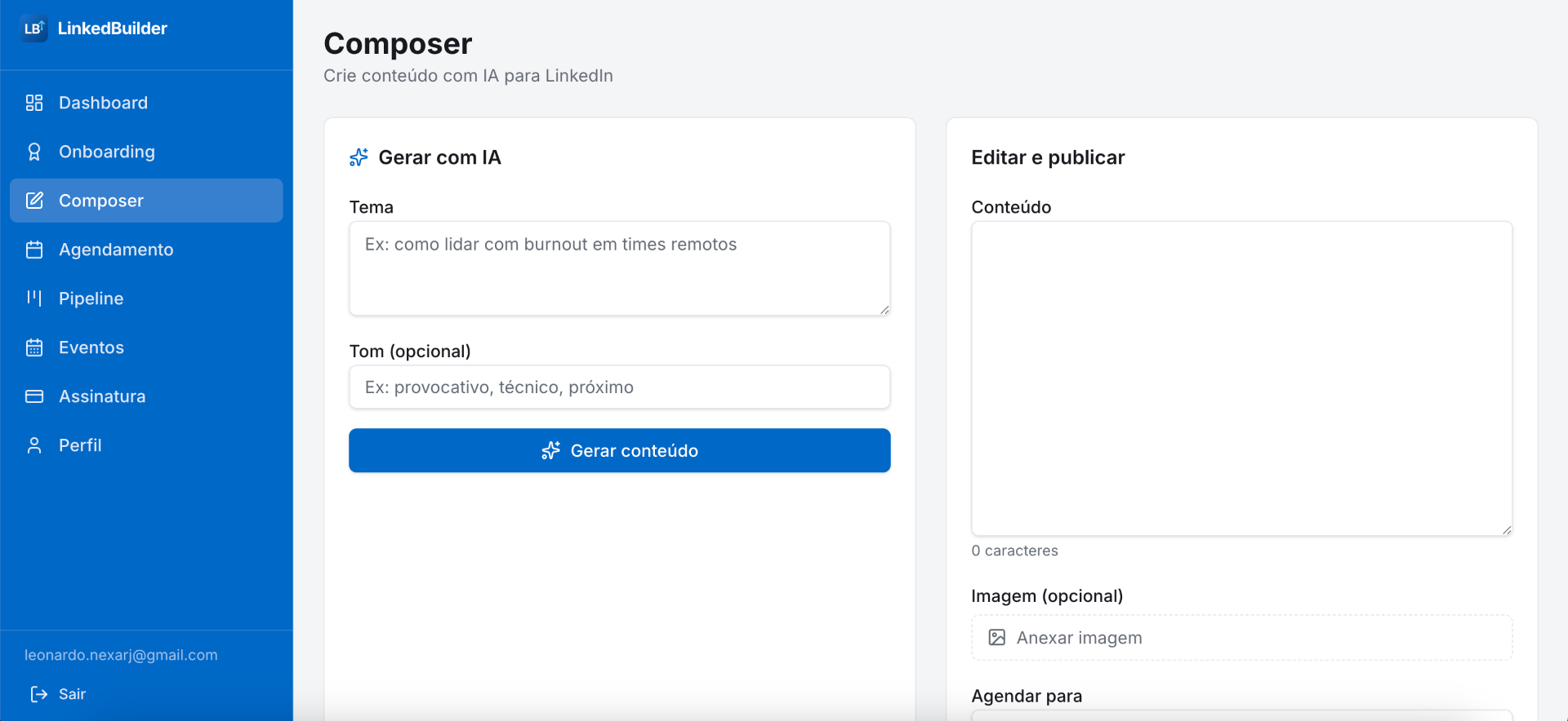 Tela do Composer do LinkedBuilder com IA gerando um post